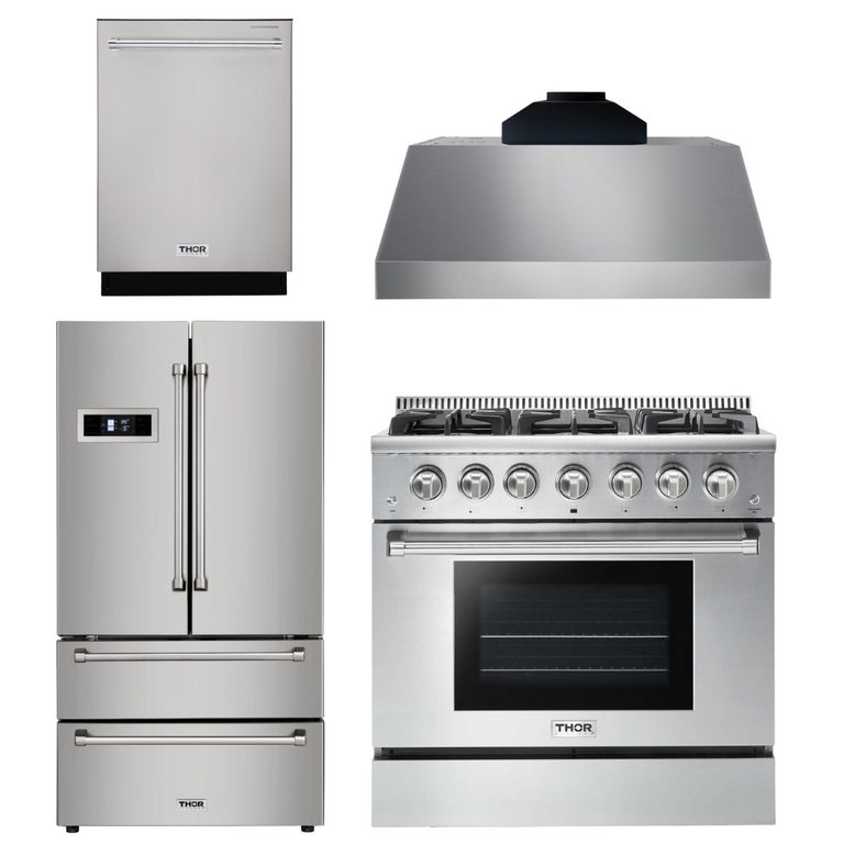 Thor Kitchen Package - 36" Gas Range, Range Hood, Refrigerator, Dishwasher, AP-HRG3618U-C-2