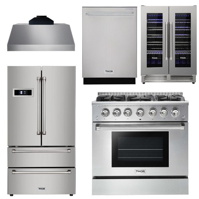 Thor Kitchen Package - 36" Propane Gas Range, Range Hood, Refrigerator, Dishwasher, Wine Cooler, AP-HRG3618ULP-C-3