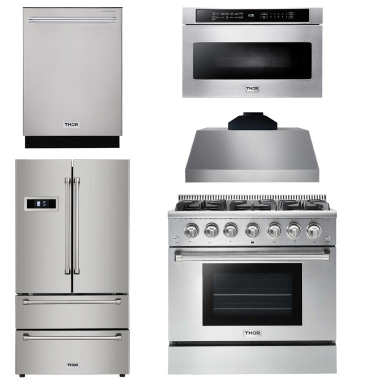 Thor Kitchen Package - 36" Gas Range, Range Hood, Microwave, Refrigerator, Dishwasher, AP-HRG3618U-C-5