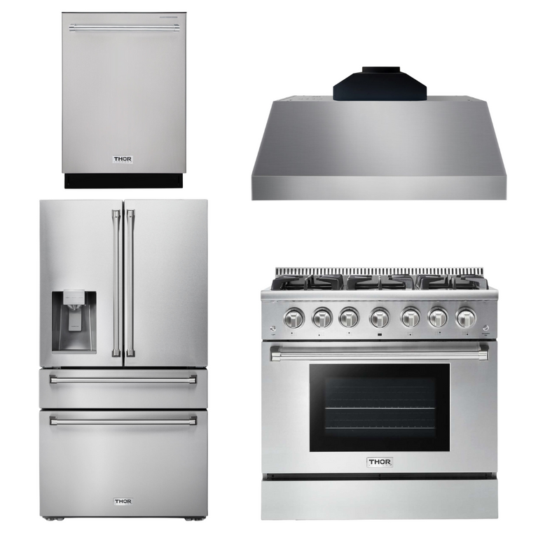 Thor Kitchen Package - 36" Propane Gas Range, Range Hood, Refrigerator with Water and Ice Dispenser, Dishwasher, AP-HRG3618ULP-C-7