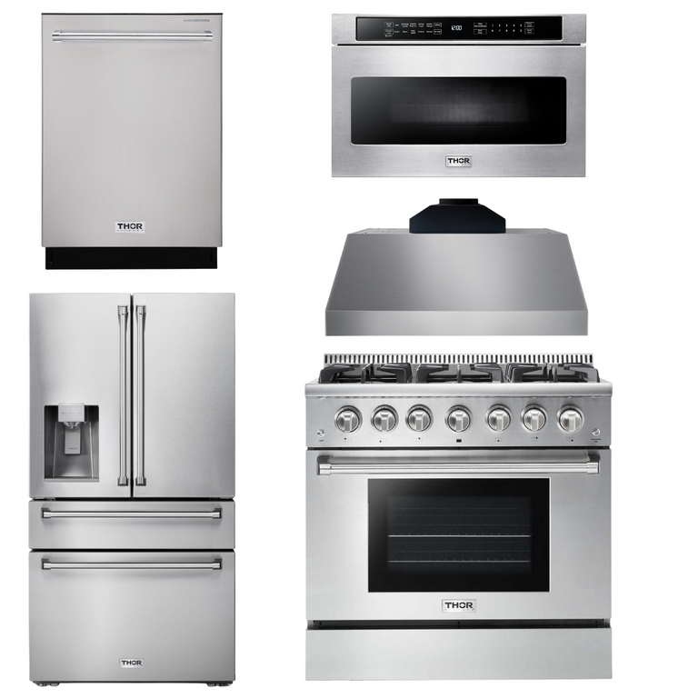 Thor Kitchen Package - 36" Gas Range, Range Hood, Microwave, Refrigerator with Water and Ice Dispenser, Dishwasher, AP-HRG3618U-C-9