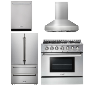 THOR Kitchen Package - 36 In. Natural Gas Burner/Electric Oven Range, Range Hood, Refrigerator, Dishwasher, AP-HRD3606U-W-11