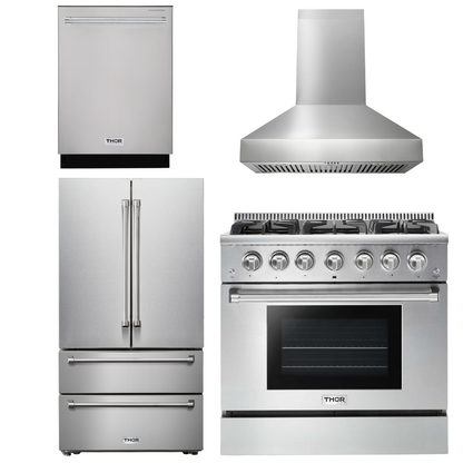 THOR Kitchen Package - 36 In. Natural Gas Burner/Electric Oven Range, Range Hood, Refrigerator, Dishwasher, AP-HRD3606U-W-11