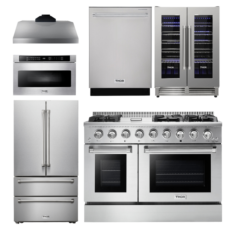 Thor Kitchen Package - 48 In. Gas Range, Range Hood, Refrigerator, Dishwasher, Microwave Drawer, Wine Cooler, AP-HRG4808U-20