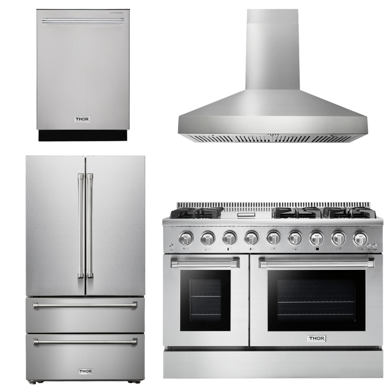Thor Kitchen Package - 48" Propane Gas Range, Range Hood, Refrigerator, Dishwasher, AP-HRG4808ULP-W-11