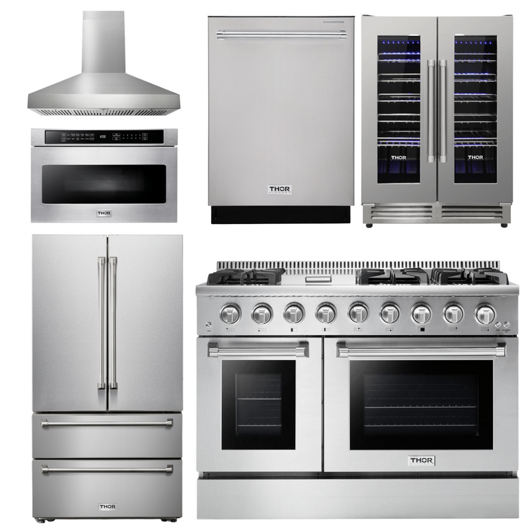 Thor Package - 48" Propane Gas Range, Range Hood, Refrigerator, Dishwasher, Microwave, Wine Cooler