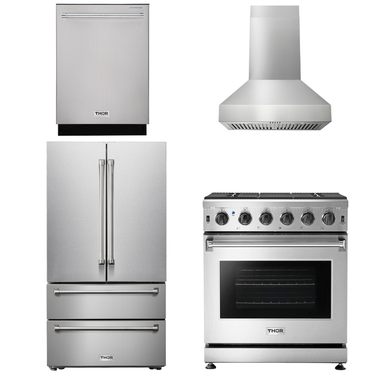Thor Kitchen Package - 30" Gas Range, Range Hood, Refrigerator, Dishwasher, AP-LRG3001U-W-11