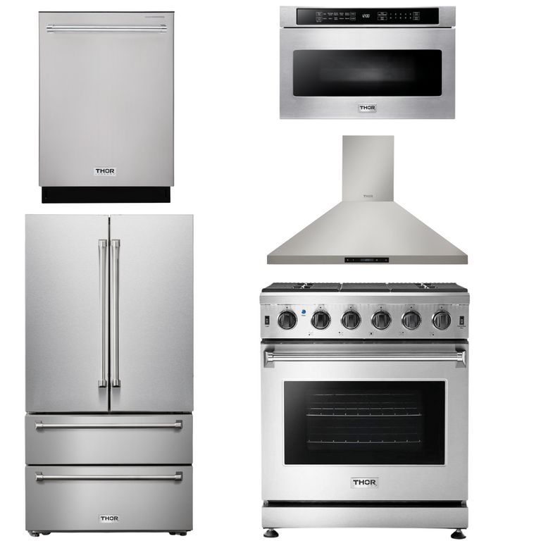 Thor Kitchen Package - 30" Propane Gas Range, Range Hood, Microwave, Refrigerator, Dishwasher, AP-LRG3001ULP-19