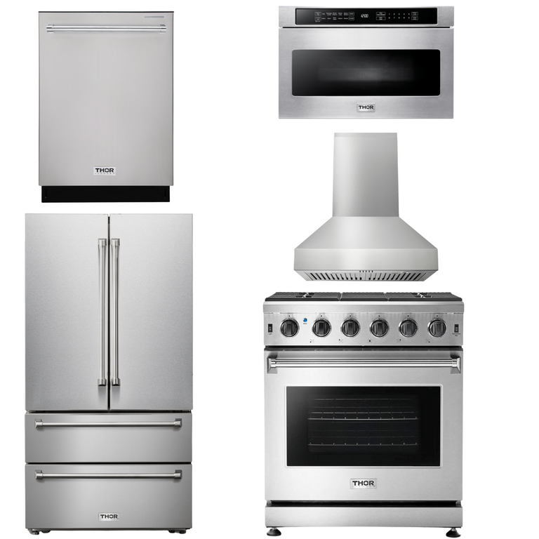 Thor Kitchen Package - 30" Propane Gas Range, Range Hood, Microwave, Refrigerator, Dishwasher, AP-LRG3001ULP-W-13