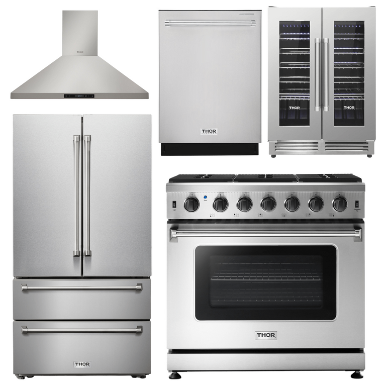 Thor Kitchen Package - 36" Gas Range, Range Hood, Refrigerator, Dishwasher, Wine Cooler, AP-LRG3601U-17