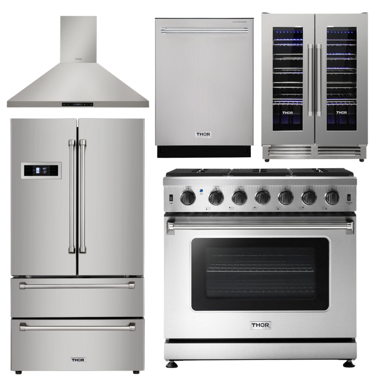 Thor Kitchen Appliances Set - 36 in. Natural Gas Range, Range Hood, Refrigerator, Dishwasher, Wine Cooler, AS-LRG3601U-4