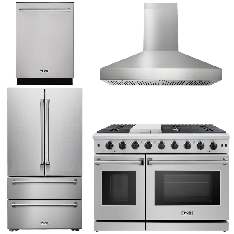 Thor Kitchen Package - 48" Propane Gas Range, Range Hood, Dishwasher, Refrigerator, AP-LRG4807ULP-W-11