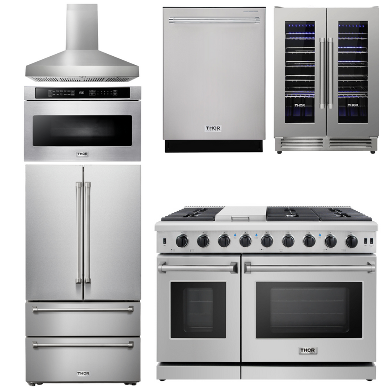 Thor Kitchen Package - 48" Propane Gas Range, Hood, Refrigerator, Dishwasher, Wine Cooler, Microwave
