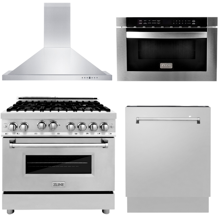 ZLINE Appliance Bundle - 36 in. Gas Range, Range Hood, Microwave Drawer, 3 Rack Dishwasher Package, AB-RG36-5