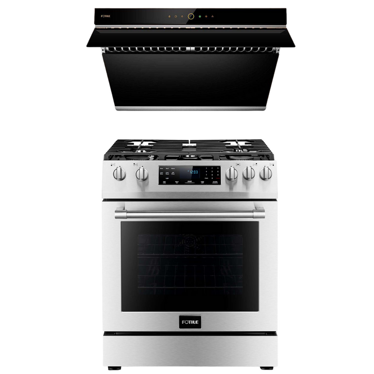 Fotile Appliance Package 30 In. Gas Range and 30 In. Black Range Hood with Touch Buttons, 1,000 CFM, AP-RLS30506-2