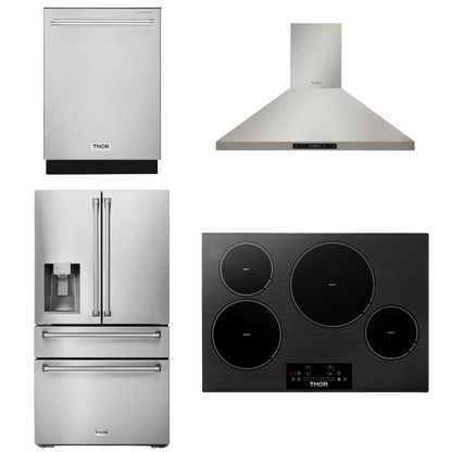 THOR Kitchen Package - 30" Induction Cooktop, Range Hood, Refrigerator with Water and Ice Dispenser, Dishwasher, AP-TIH30-10