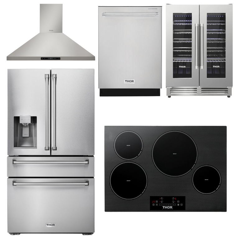 Thor Kitchen Package - 30" Induction Cooktop, Range Hood, Refrigerator with Water and Ice Dispenser, Dishwasher, Wine Cooler, AP-TIH30-11
