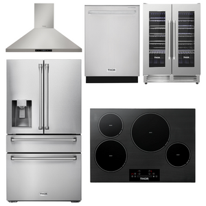 THOR Kitchen Package - 30" Induction Cooktop, Range Hood, Refrigerator with Water and Ice Dispenser, Dishwasher, Wine Cooler, AP-TIH30-11