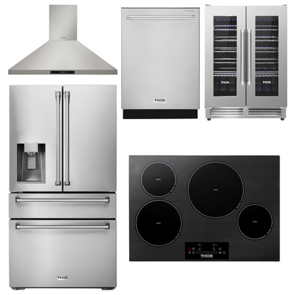 THOR Kitchen Package - 30" Induction Cooktop, Range Hood, Refrigerator with Water and Ice Dispenser, Dishwasher, Wine Cooler, AP-TIH30-11