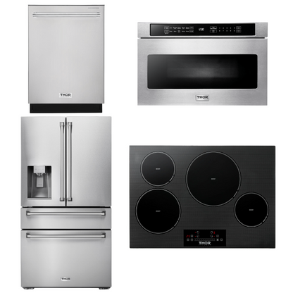THOR Kitchen Package - 30" Induction Cooktop, Microwave, Refrigerator with Water and Ice Dispenser, Dishwasher, AP-TIH30-12