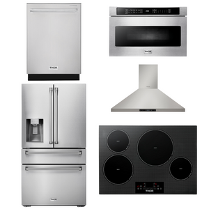 THOR Kitchen Package - 30" Induction Cooktop, Range Hood, Microwave, Refrigerator with Water and Ice Dispenser, Dishwasher, AP-TIH30-13