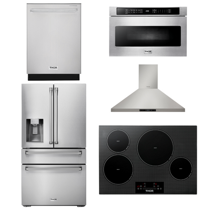 THOR Kitchen Package - 30" Induction Cooktop, Range Hood, Microwave, Refrigerator with Water and Ice Dispenser, Dishwasher, AP-TIH30-13
