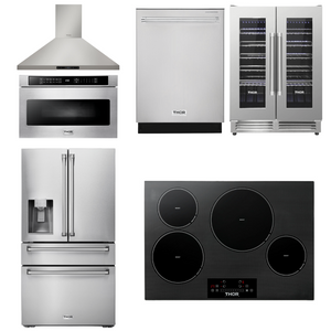 THOR Kitchen Package - 30" Induction Cooktop, Hood, Microwave, Refrigerator with Water and Ice Dispenser, Dishwasher, Wine Cooler