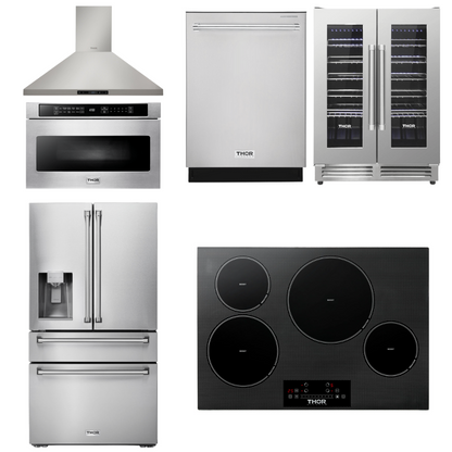 THOR Kitchen Package - 30" Induction Cooktop, Hood, Microwave, Refrigerator with Water and Ice Dispenser, Dishwasher, Wine Cooler
