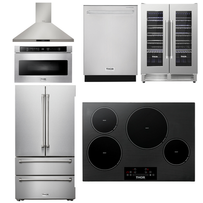 THOR Kitchen Package - 30" Induction Cooktop, Range Hood, Microwave, Refrigerator, Dishwasher, Wine Cooler, AP-TIH30-8
