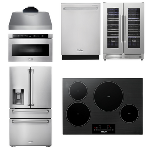 THOR Kitchen Package - 30" Induction Cooktop, Range Hood, Microwave, Refrigerator with Water and Ice Dispenser, Dishwasher, Wine Cooler, AP-TIH30-C-10