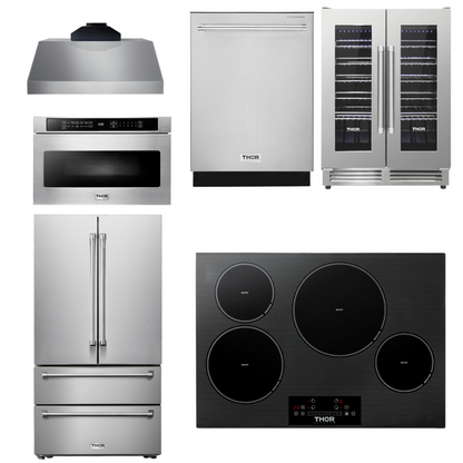 THOR Kitchen Package - 30" Induction Cooktop, Range Hood, Microwave, Refrigerator, Dishwasher, Wine Cooler, AP-TIH30-C-6
