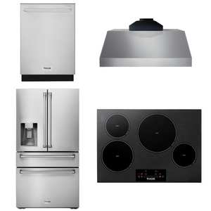 THOR Kitchen Package - 30" Induction Cooktop, Range Hood, Refrigerator with Water and Ice Dispenser, Dishwasher, AP-TIH30-C-7