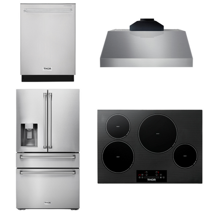 THOR Kitchen Package - 30" Induction Cooktop, Range Hood, Refrigerator with Water and Ice Dispenser, Dishwasher, AP-TIH30-C-7