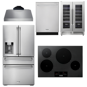 THOR Kitchen Package - 30" Induction Cooktop, Range Hood, Refrigerator with Water and Ice Dispenser, Dishwasher, Wine Cooler, AP-TIH30-C-8