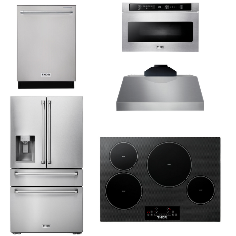 Thor Kitchen Package - 30" Induction Cooktop, Range Hood, Microwave, Refrigerator with Water and Ice Dispenser, Dishwasher