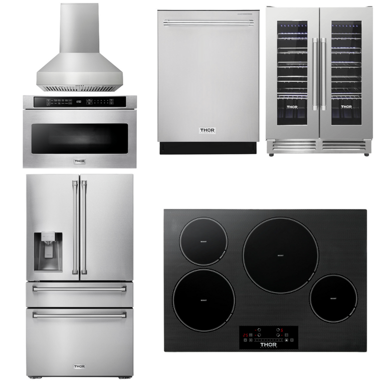 Thor Kitchen Package - 30" Induction Cooktop, Range Hood, Microwave, Refrigerator with Water and Ice Dispenser, Dishwasher, Wine Cooler