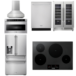 THOR Kitchen Package - 30" Induction Cooktop, Range Hood, Microwave, Refrigerator with Water and Ice Dispenser, Dishwasher, Wine Cooler