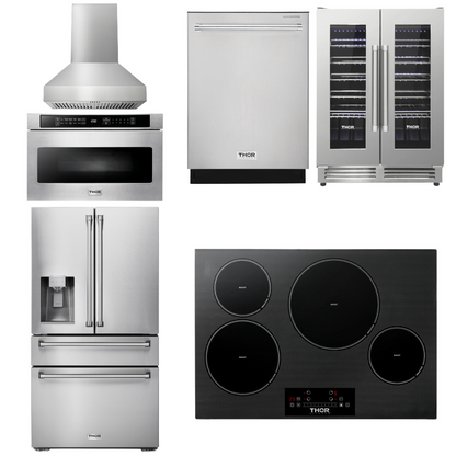 THOR Kitchen Package - 30" Induction Cooktop, Range Hood, Microwave, Refrigerator with Water and Ice Dispenser, Dishwasher, Wine Cooler