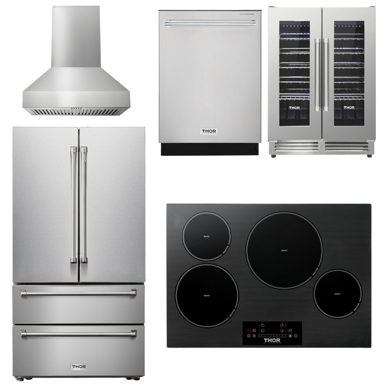 Thor Kitchen Package - 30" Induction Cooktop, Range Hood, Refrigerator, Dishwasher, Wine Cooler, AP-TIH30-W-3
