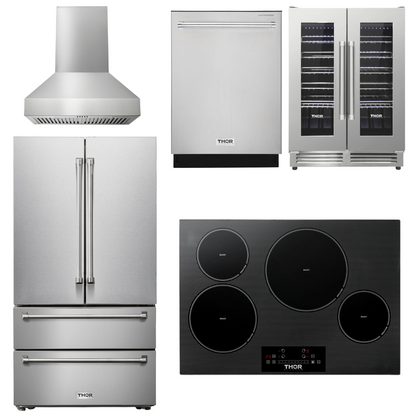 THOR Kitchen Package - 30" Induction Cooktop, Range Hood, Refrigerator, Dishwasher, Wine Cooler, AP-TIH30-W-3