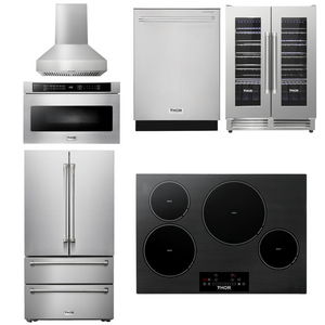 THOR Kitchen Package - 30" Induction Cooktop, Range Hood, Microwave, Refrigerator, Dishwasher, Wine Cooler, AP-TIH30-W-6