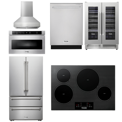 THOR Kitchen Package - 30" Induction Cooktop, Range Hood, Microwave, Refrigerator, Dishwasher, Wine Cooler, AP-TIH30-W-6