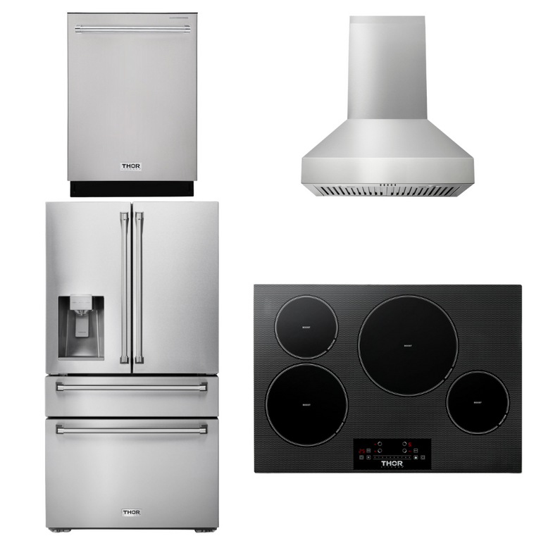 Thor Kitchen Package - 30" Induction Cooktop, Range Hood, Refrigerator with Water and Ice Dispenser, Dishwasher, AP-TIH30-W-7