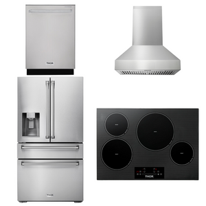 THOR Kitchen Package - 30" Induction Cooktop, Range Hood, Refrigerator with Water and Ice Dispenser, Dishwasher, AP-TIH30-W-7
