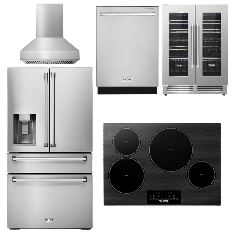 Thor Kitchen Package - 30" Induction Cooktop, Range Hood, Refrigerator with Water and Ice Dispenser, Dishwasher, Wine Cooler, AP-TIH30-W-8