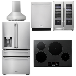 THOR Kitchen Package - 30" Induction Cooktop, Range Hood, Refrigerator with Water and Ice Dispenser, Dishwasher, Wine Cooler, AP-TIH30-W-8