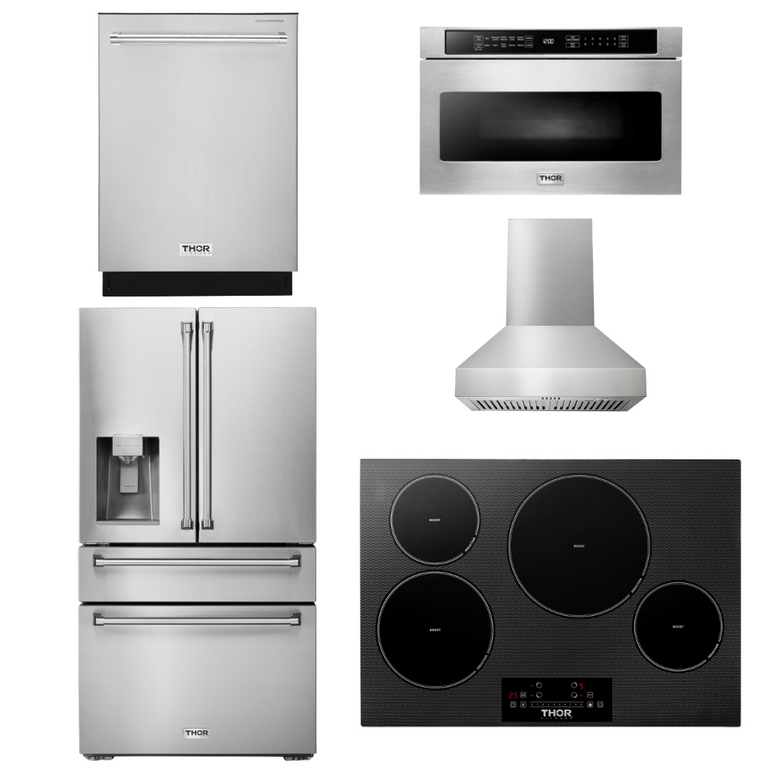 Thor Package - 30" Induction Cooktop, Range Hood, Microwave, Refrigerator with Water and Ice Dispenser, Dishwasher, AP-TIH30-W-9