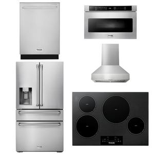 THOR Package - 30" Induction Cooktop, Range Hood, Microwave, Refrigerator with Water and Ice Dispenser, Dishwasher, AP-TIH30-W-9
