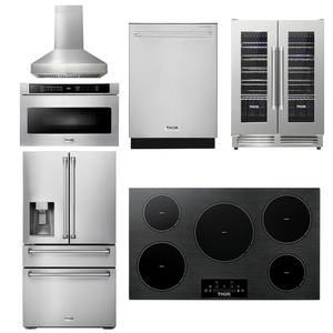 THOR Kitchen Package - 36" Induction Cooktop, Range Hood, Microwave, Refrigerator with Water and Ice Dispenser, Dishwasher, Wine Cooler, AP-TIH36-W-10