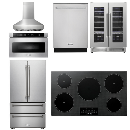 THOR Kitchen Package - 36" Induction Cooktop, Range Hood, Microwave, Refrigerator, Dishwasher, Wine Cooler, AP-TIH36-W-6